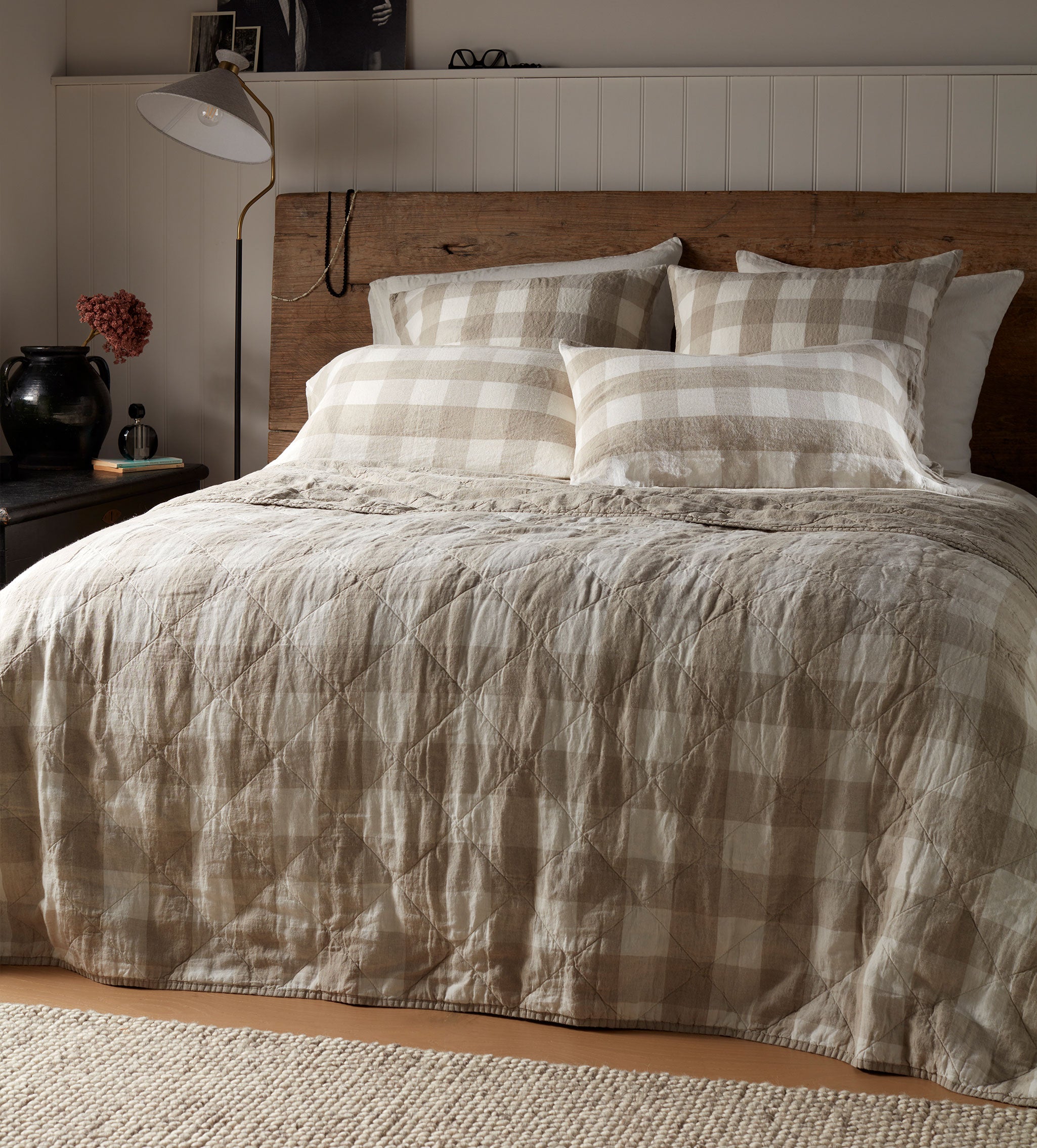 Natural Gracie Gingham Linen Quilted Throw