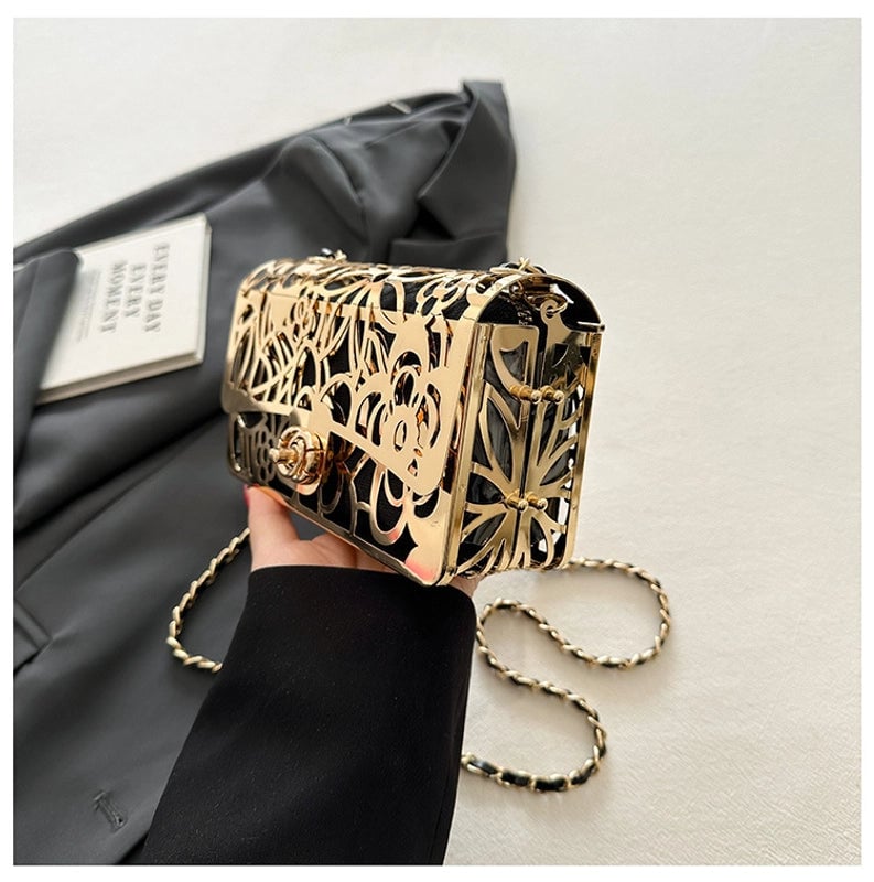 Women's Medium Pu Leather Metal Solid Color Streetwear Hollow Square Lock Clasp Crossbody Bag