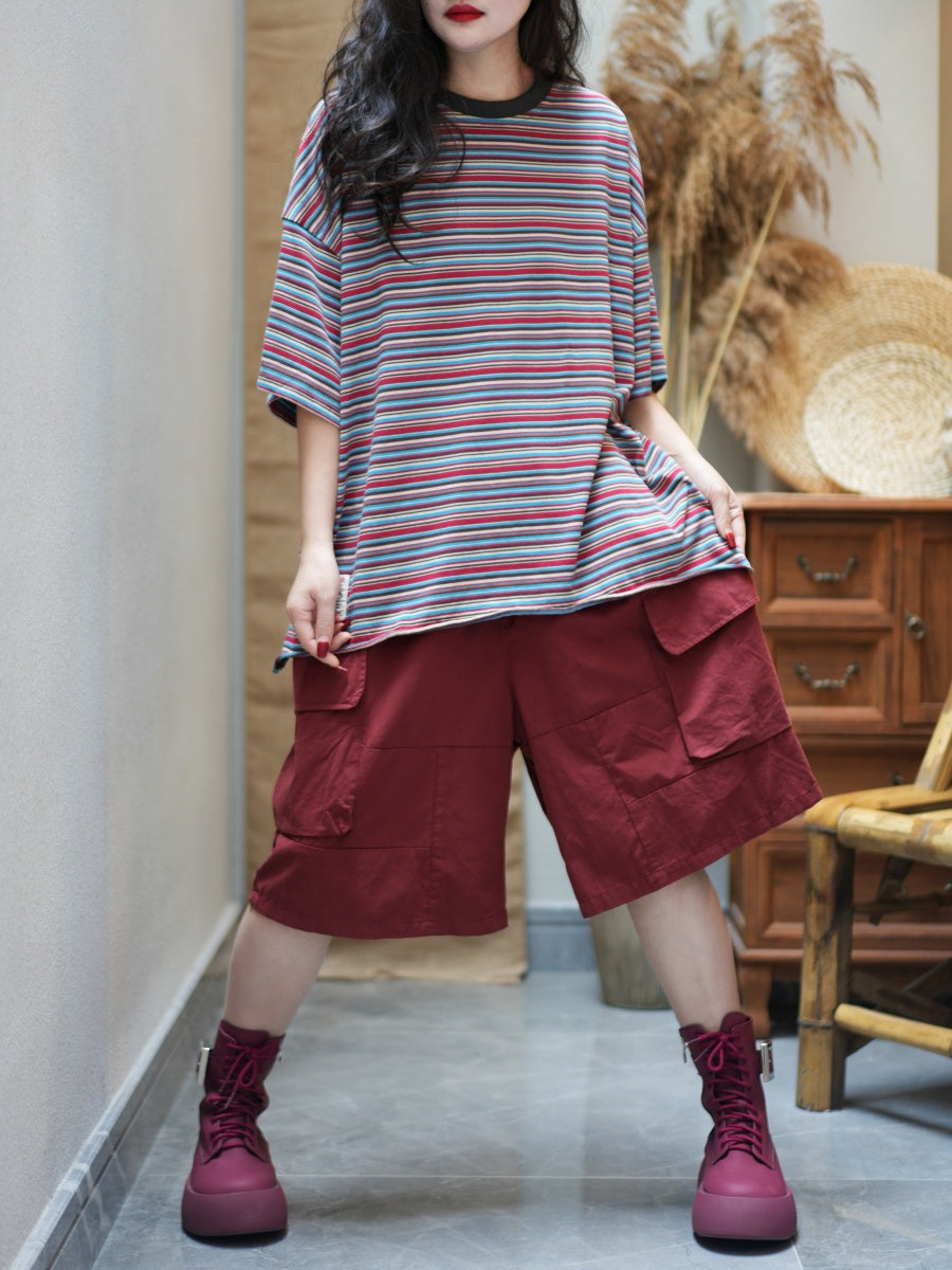 Women Summer Casual Stripe O-Neck Cotton Loose Shirt
