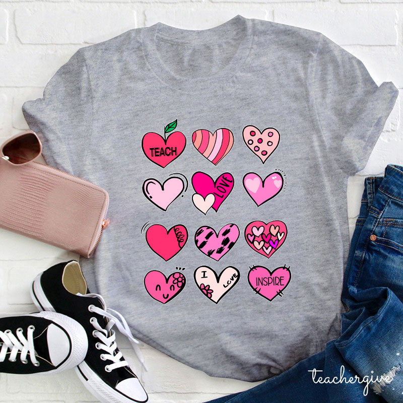 Cartoon Hearts Teach Love Inspire Teacher T-Shirt