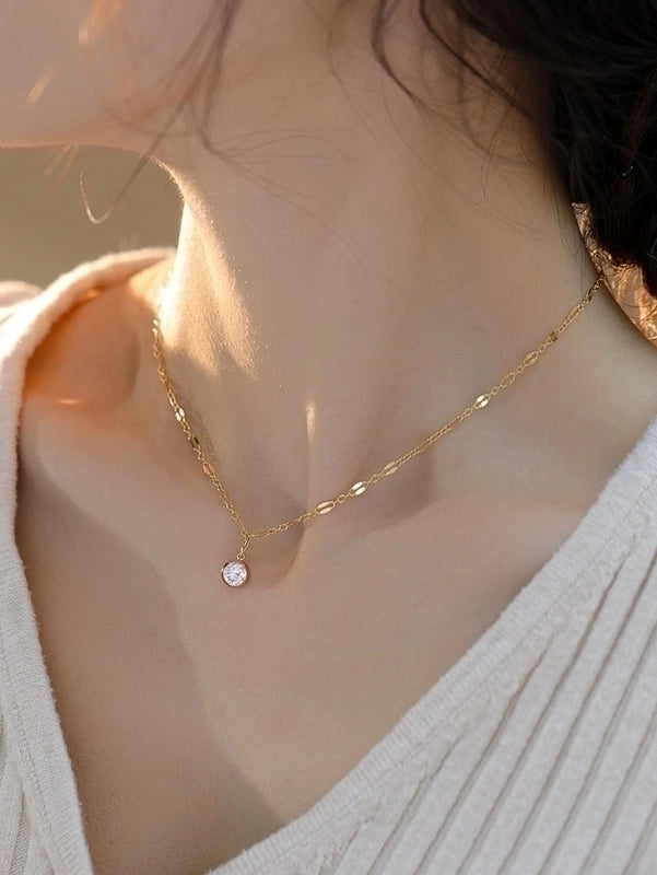 Copper Minimalist Inlay Round Zircon Solitaire Necklace