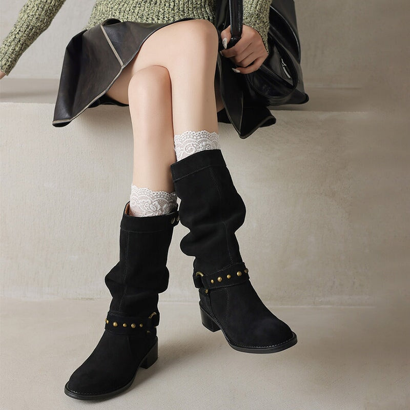 Belted Suede?Leather Riding Boots Low Block Heel Mid Calf Boots in Black/Brown/Green
