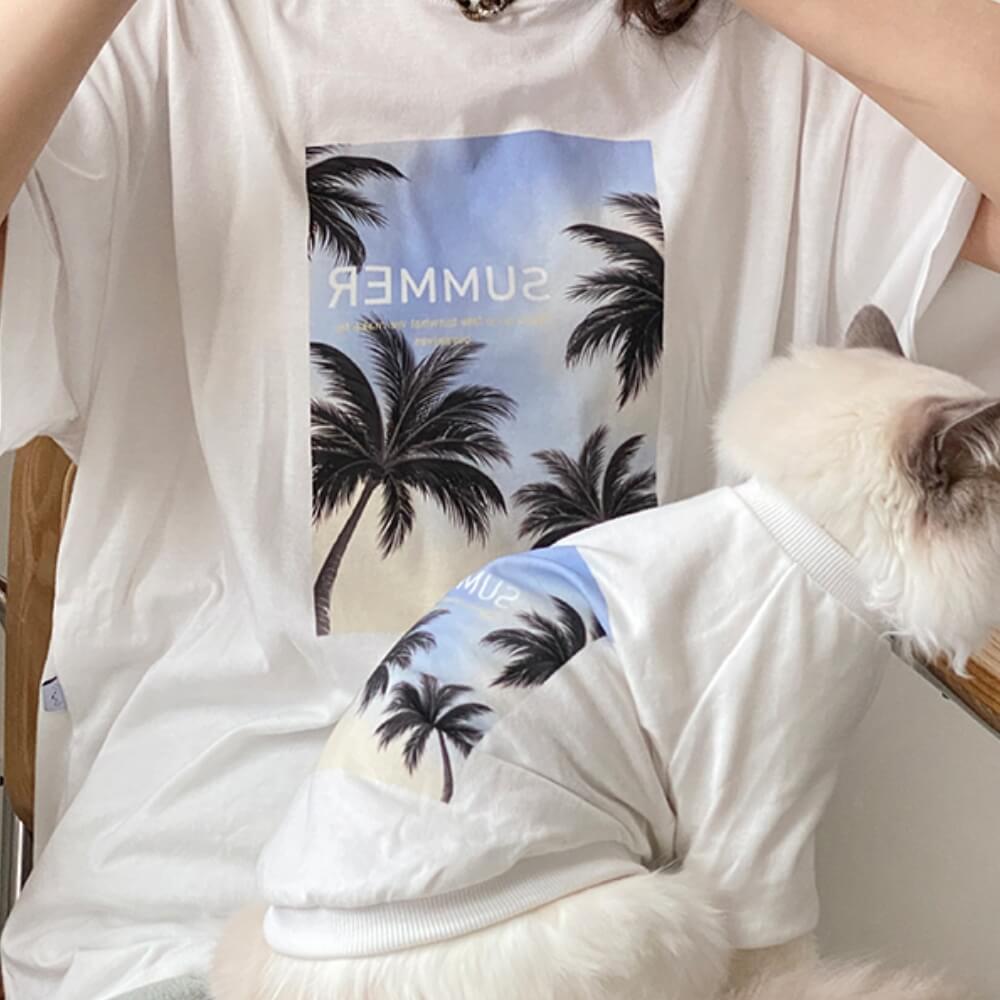 Summer Palm Tree Print Round-Neck Matching Tees for Dog and Owner