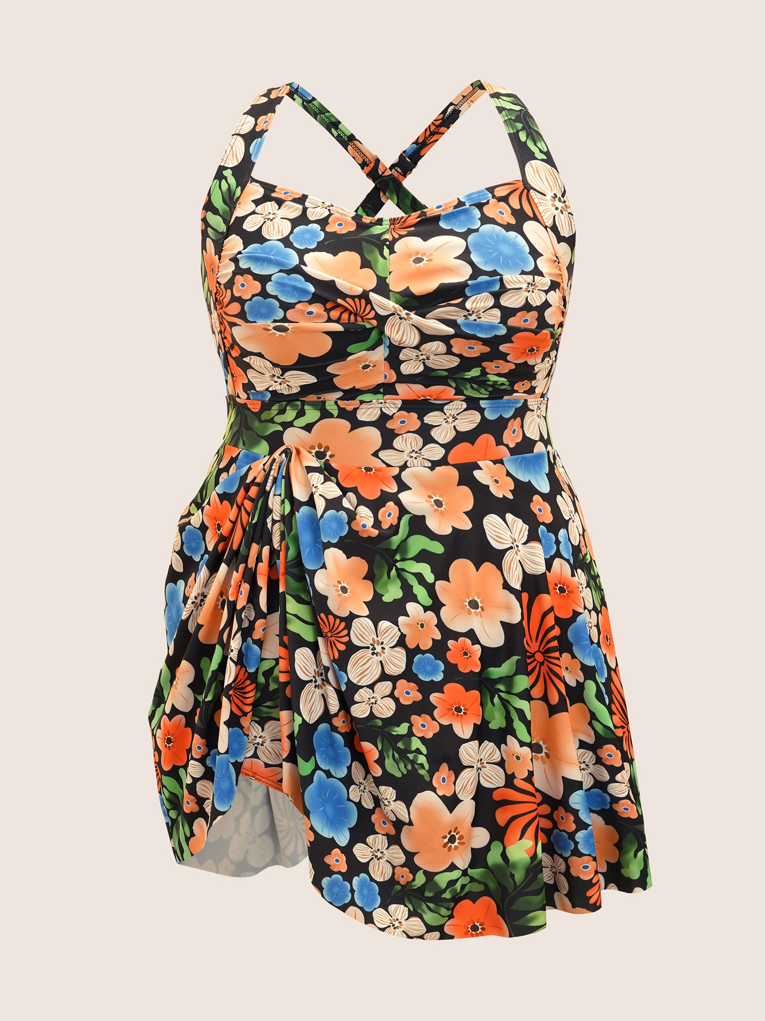 Floral Heart Neckline Twist Front Swim Dress