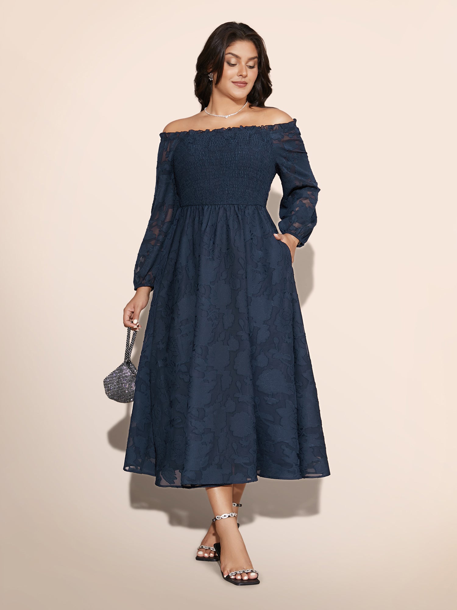 Off Shoulder Shirred Frill Trim Dress