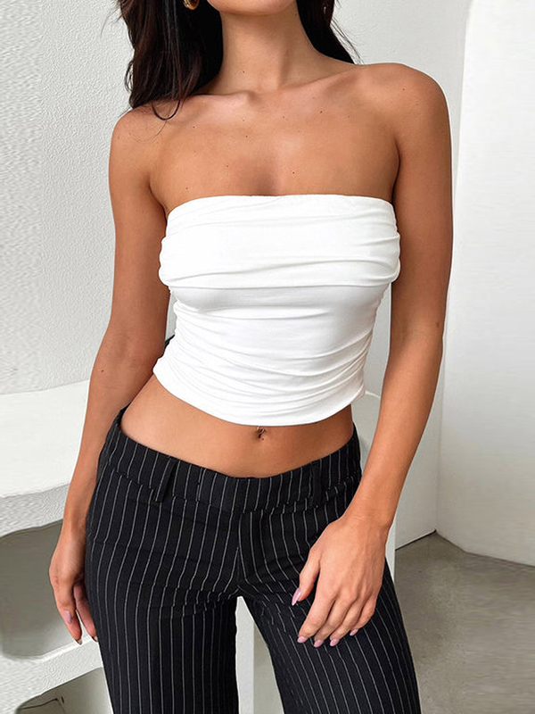 Skinny Sleeveless Pleated Solid Color Tube Vest Top