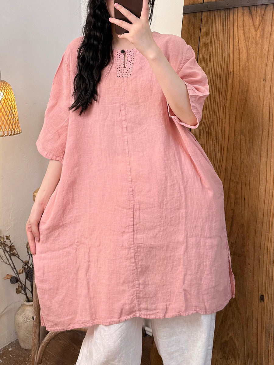 Women Summer Casual Pure Color O-Neck Hemp Shirt