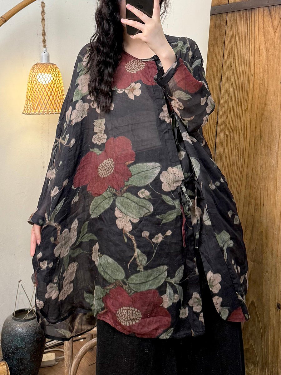 Women Summer Retro Flower Ramie O-Neck Long Shirt