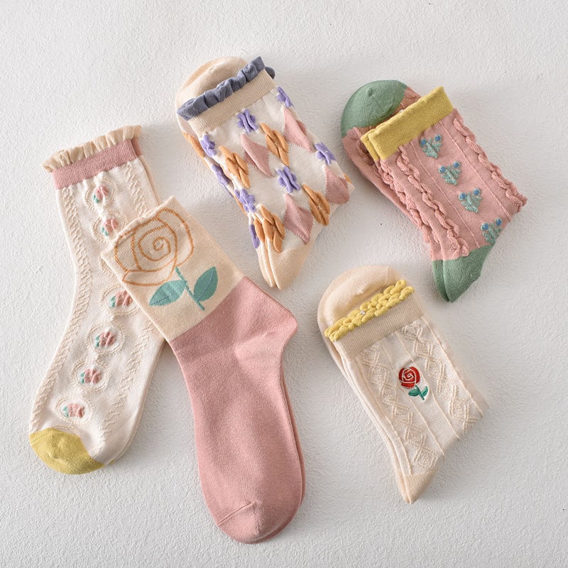 49%OFF-5 pairs of women's pink floral cotton socks