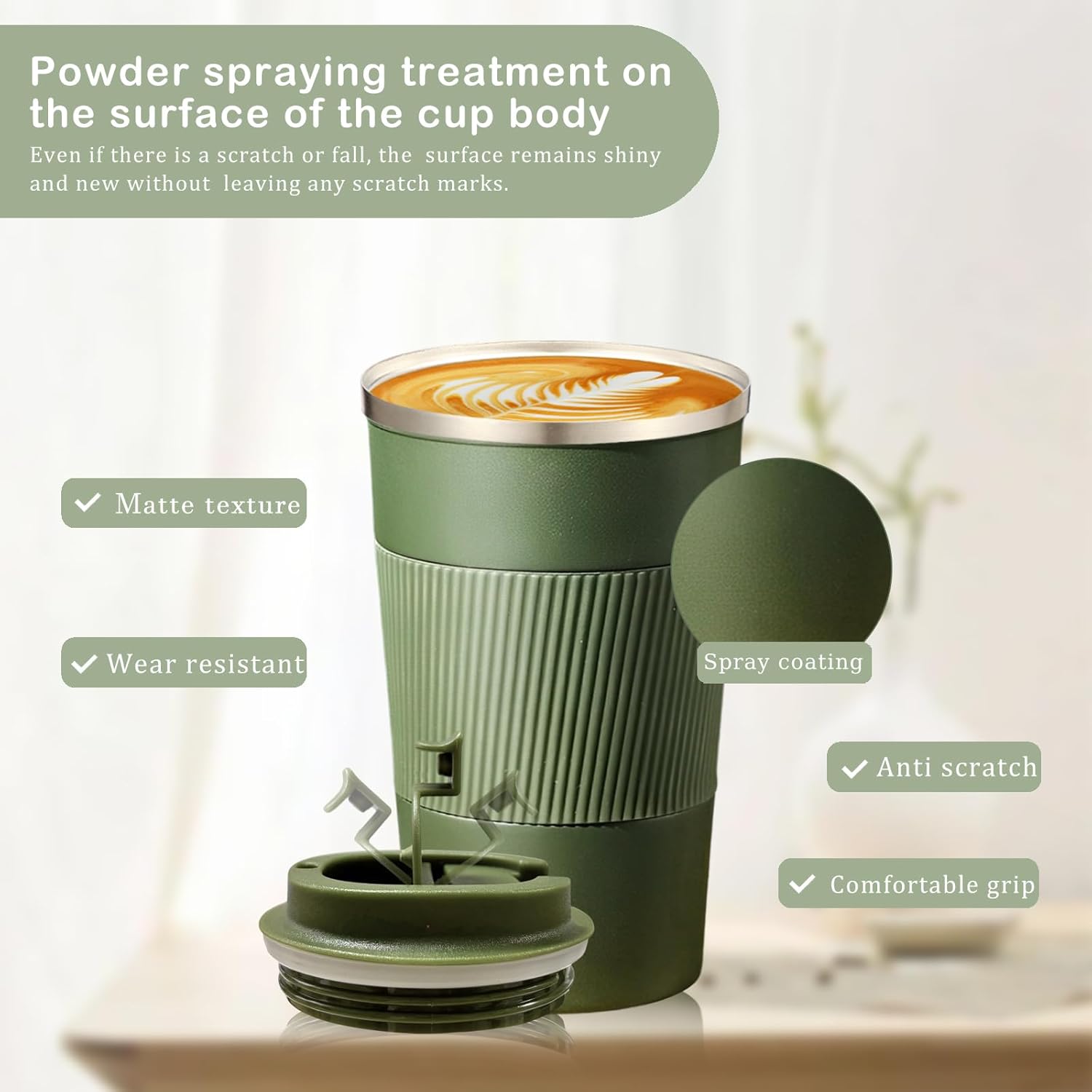 Senshuomy Travel Mug, Insulated Coffee Cup with Leakproof Lid, Reusable Coffee Cups Travel Cup, Stainless Steel thermaol Mug for Hot Cold Drinks (Green 380ml)