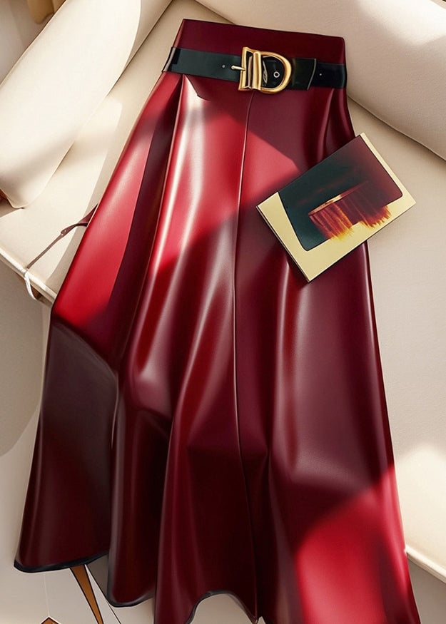 Stylish Red Sashes Solid High Waist Faux Leather Skirts Spring