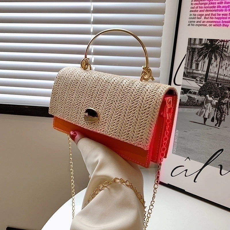 Women's Medium Straw Solid Color Fashion Square Flip Cover Crossbody Bag Square Bag Chain Bag