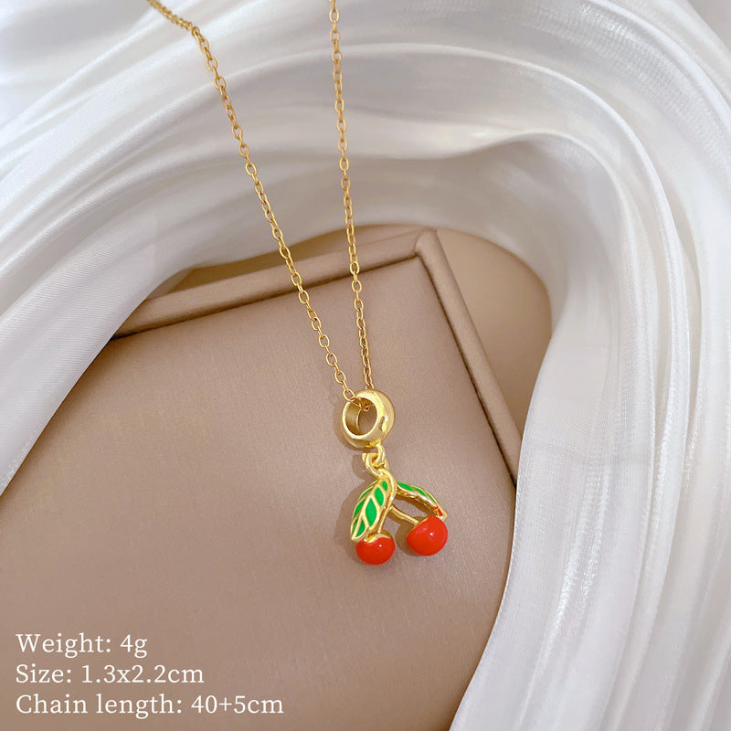 Green Leaf Cherry Oil Drop Fashion Gorgeous Full Diamond Necklace Women'S All-Match Clavicle Chain Titanium Steel