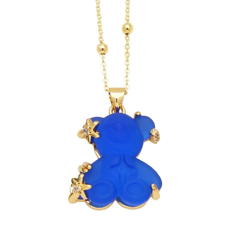 Copper Gold Plated Cute Minimalist Bear Inlay Resin Zircon Pendant Necklace