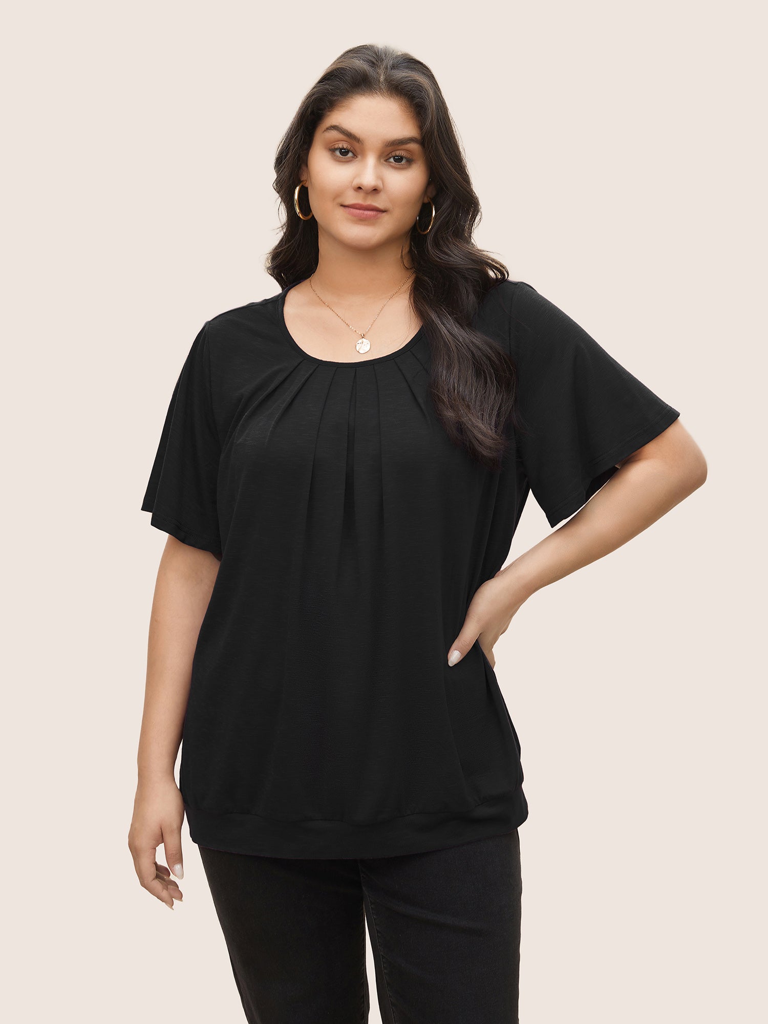 Solid Plicated Detail Flutter Sleeve T-shirt