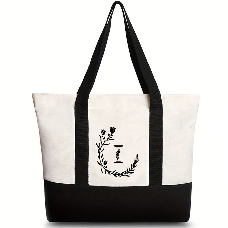 Women's Medium Canvas Letter Flower Classic Style Square Zipper Shoulder Bag