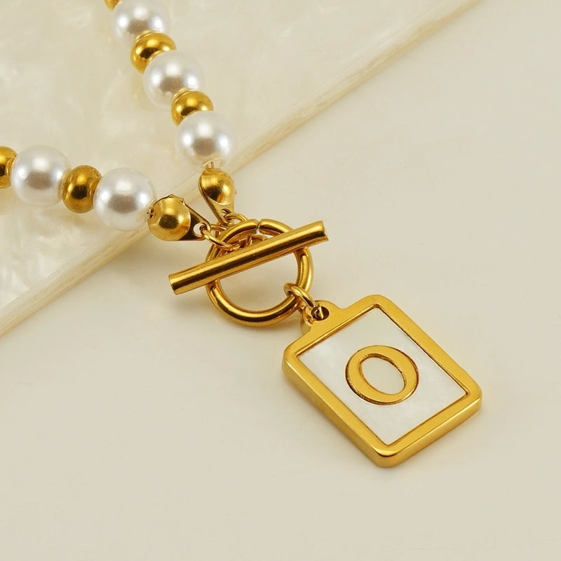 Stainless Steel 18K Gold Plated Elegant French Style Pearl Plating Inlay Letter Shell Pendant Necklace