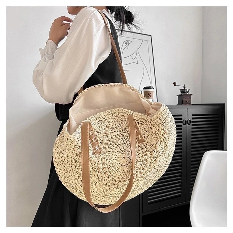 Women's Straw Solid Color Vacation Round Zipper Beach Bag