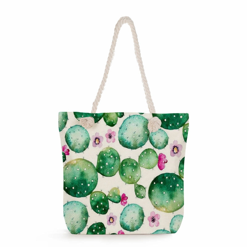 Women's Medium Linen Cactus Vacation Classic Style Square Zipper Tote Bag Beach Bag