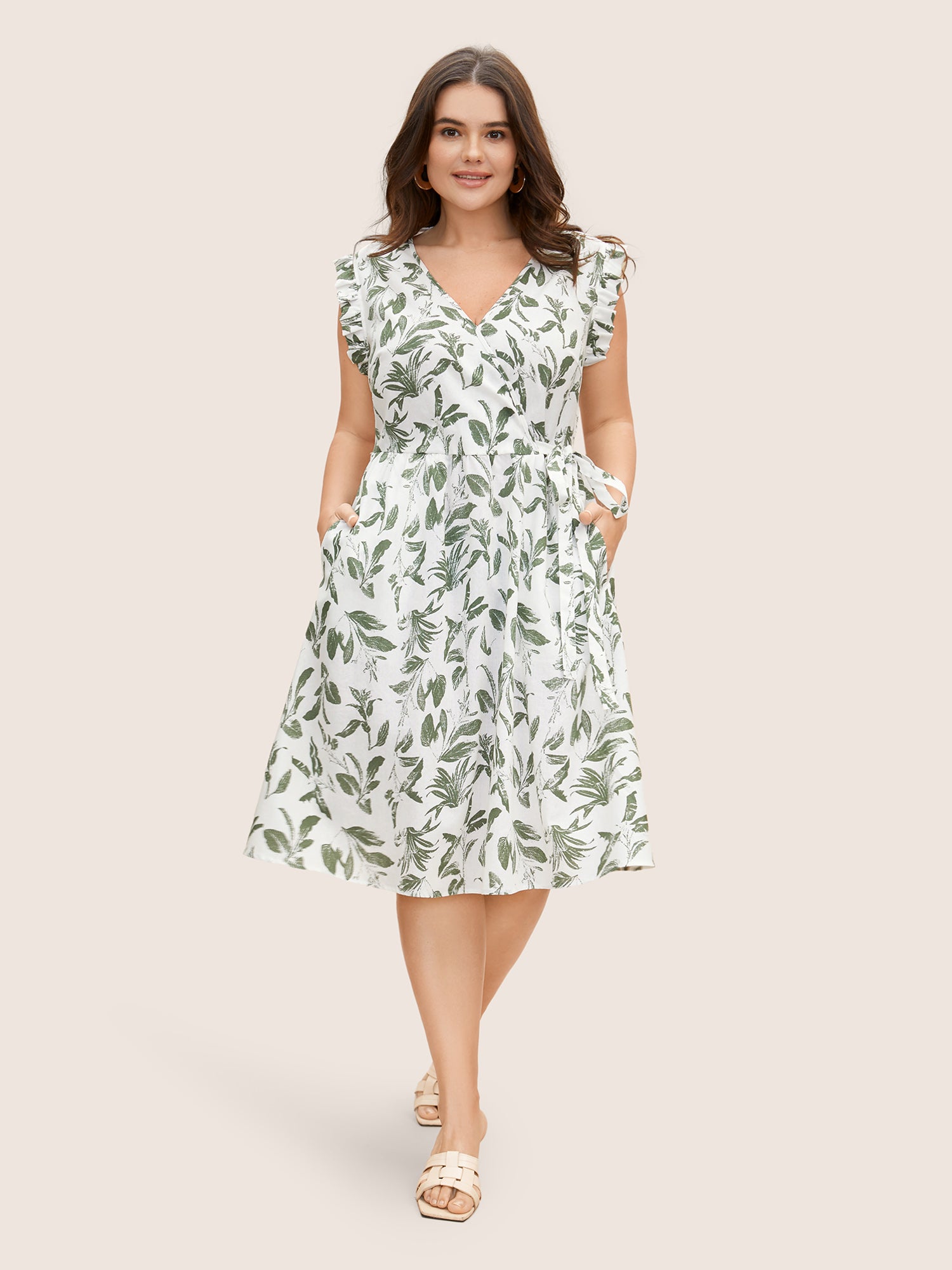 Floral Print Wrap Ruffle Cap Sleeve Dress