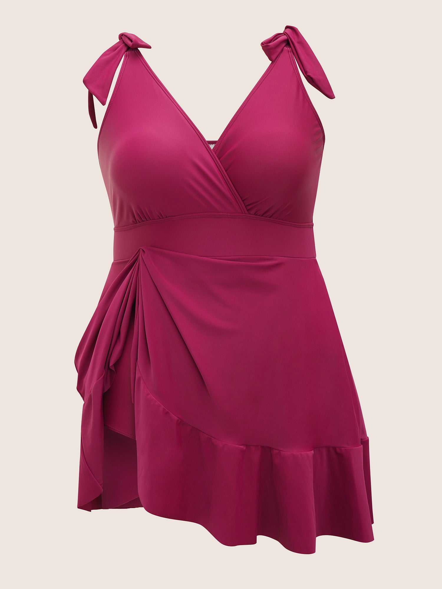 Solid Tie Knot Pocket Ruffles Swim Dress