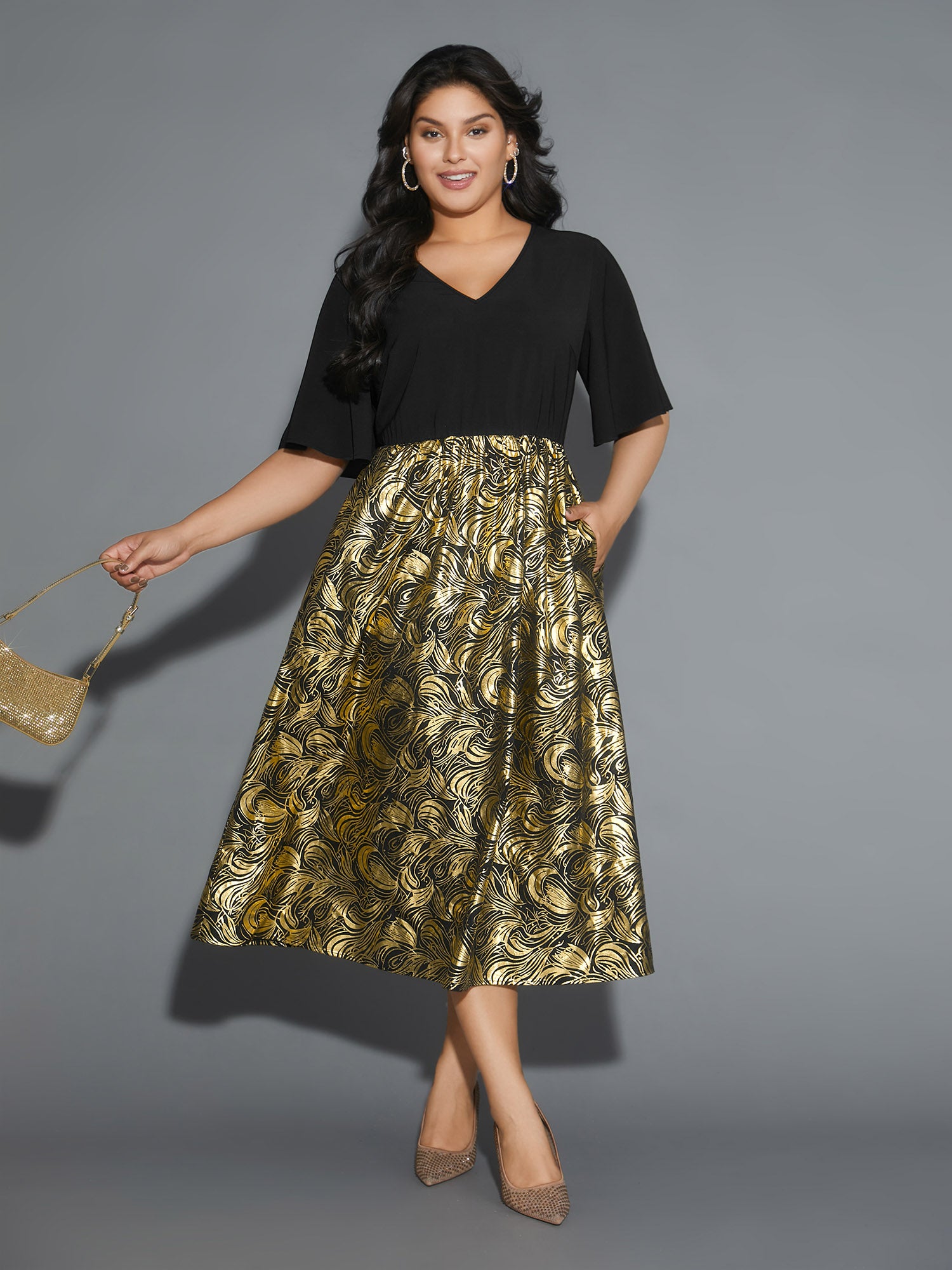 V Neck Glitter Flounce Sleeve Dress