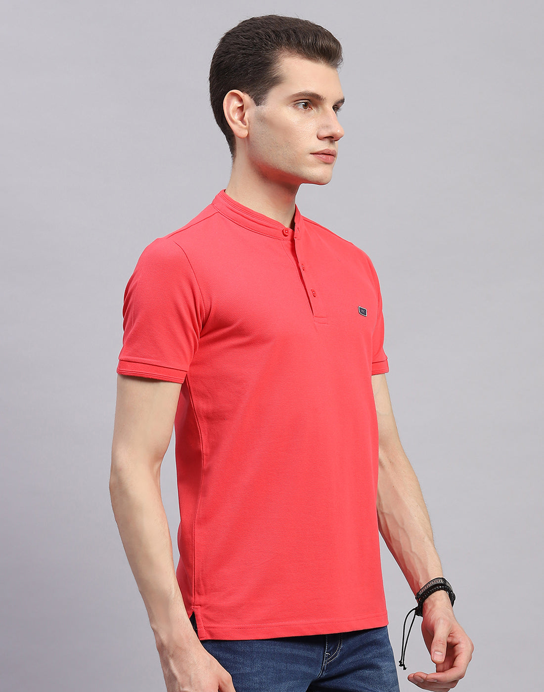 Men Pink Solid Band Collar Half Sleeve T-Shirt