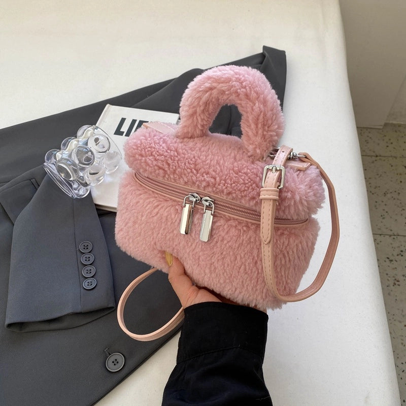 Women's Plush Solid Color Cute Square Zipper Shoulder Bag Handbag Crossbody Bag