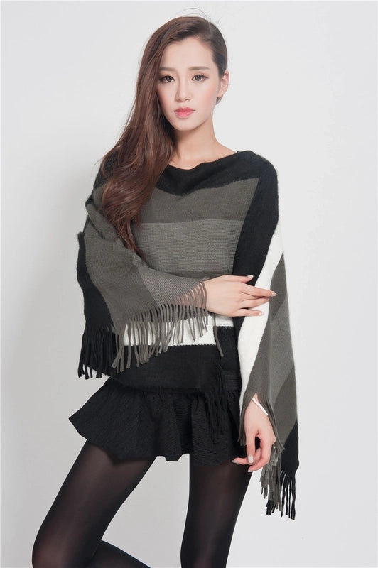 Women's Wear Tassel Pullover Midi Knitted Cloak Women's Winter Fashion Shawl Striped Sweater Coat