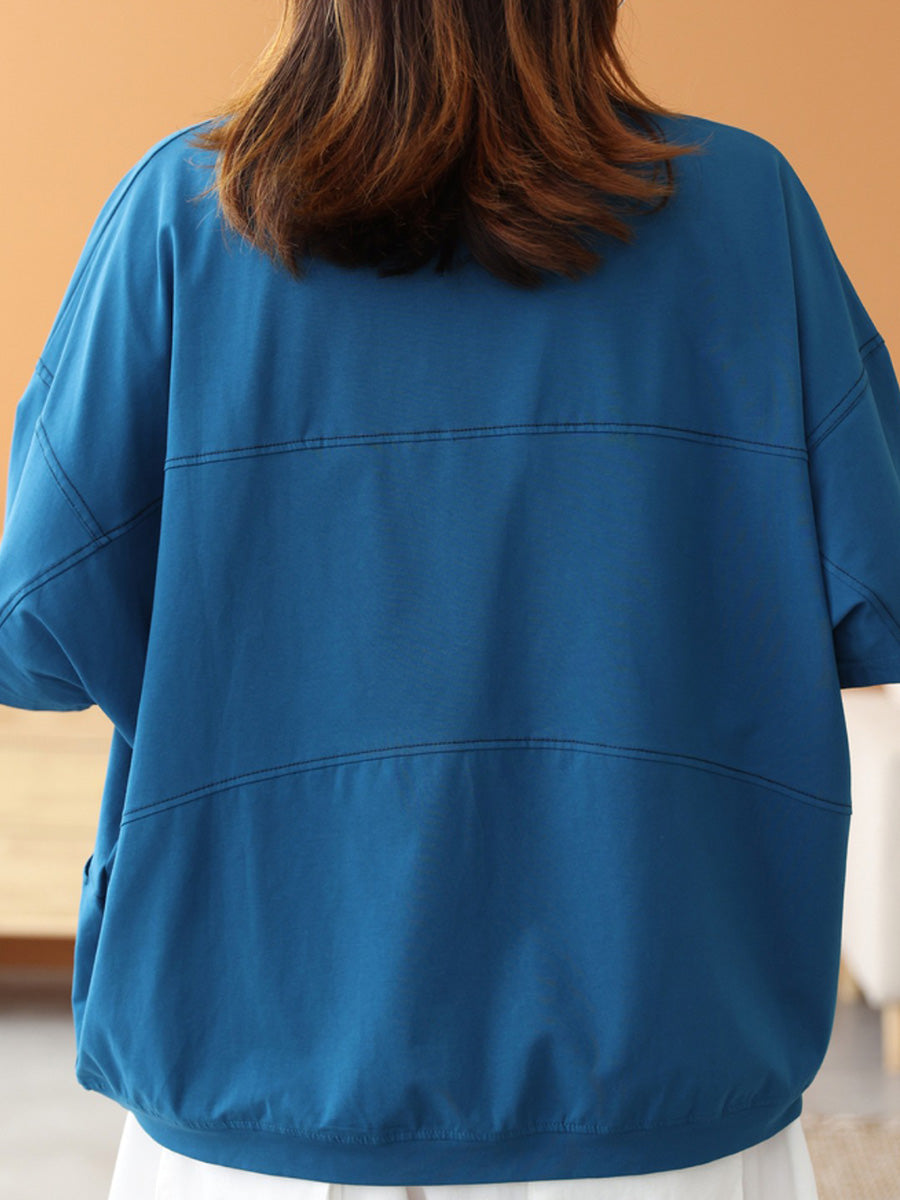 Women Summer Casual Cotton Pure Color Spliced O-Neck Shirt