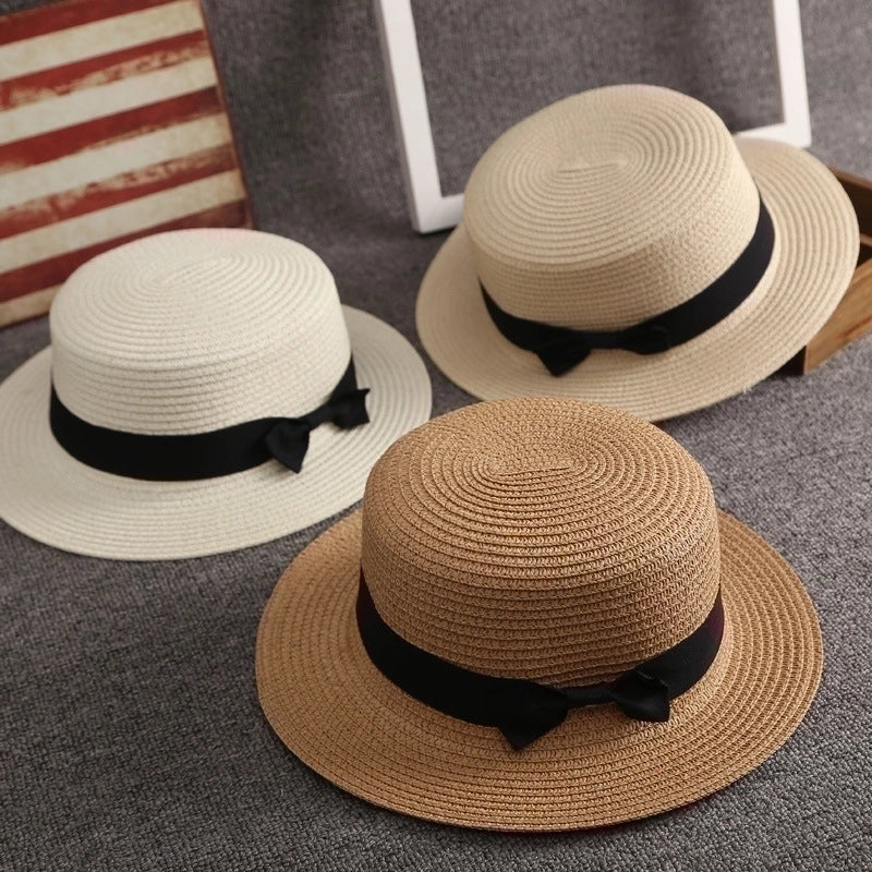 Straw Hat Female Summer British Retro Flat Top Beach Travel Hat