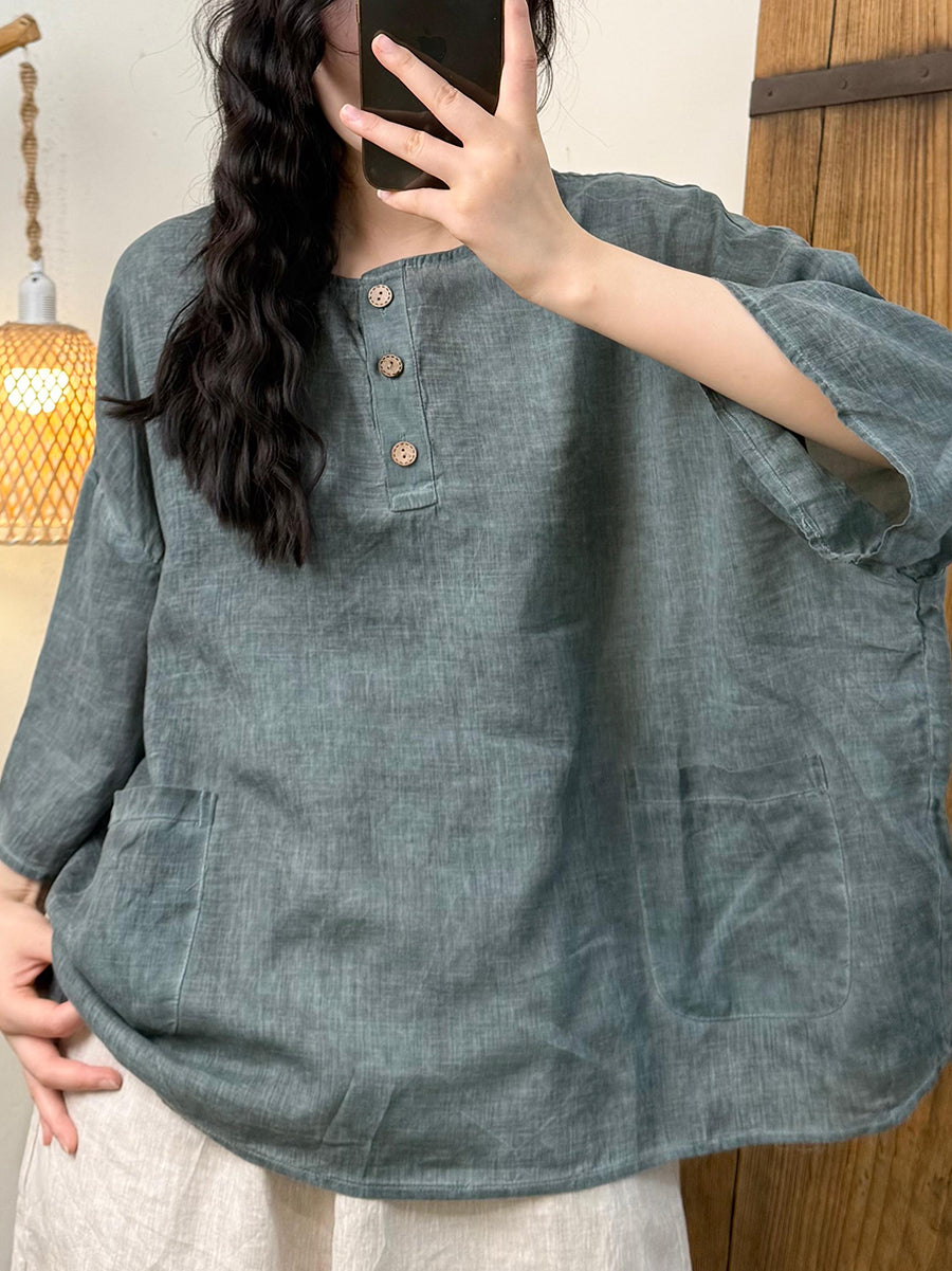 Women Summer Retro Pure Color O-Neck Linen Shirt