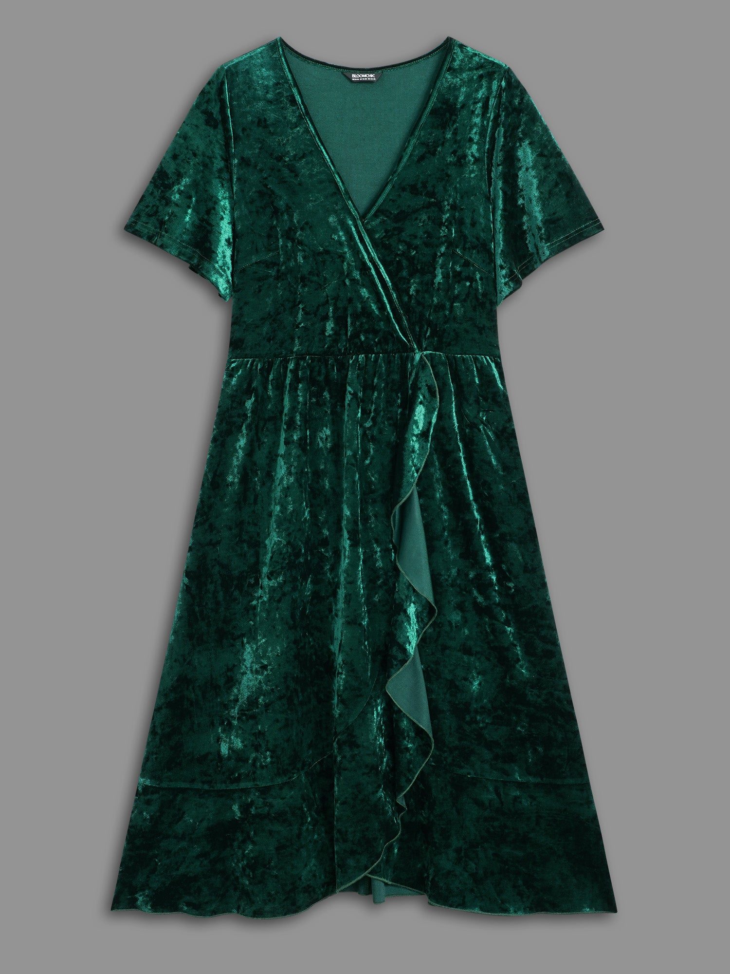 Velvet Surplice Neckline Ruffle Sleeves Midi Dress