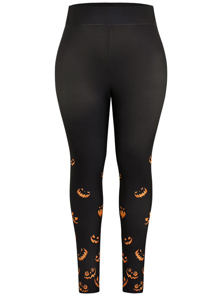 Halloween Pumpkin Print Wideband Waist Leggings
