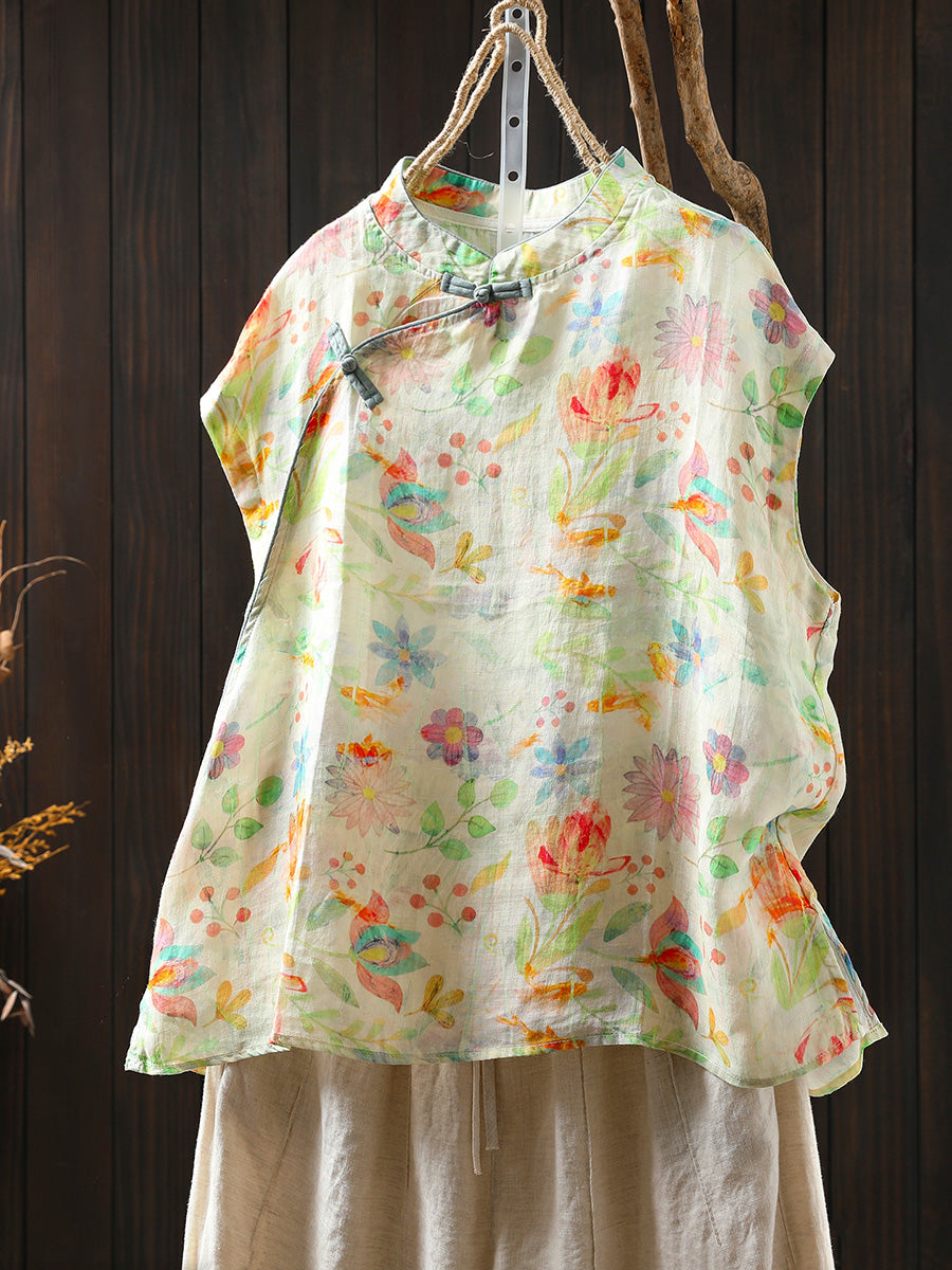 Women Summer Floral 100%Ramie Stand Collar Shirt