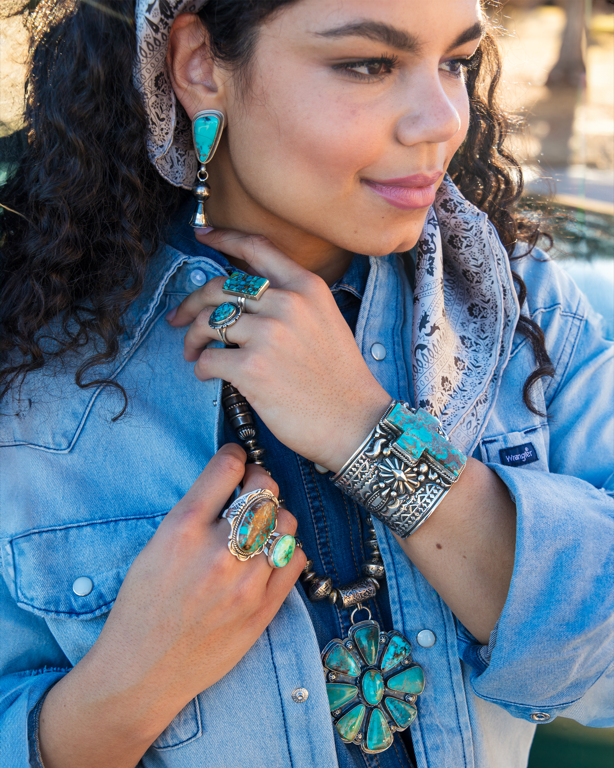 Kingman Turquoise and Squash Blossom Earrings by Gilbert Nez