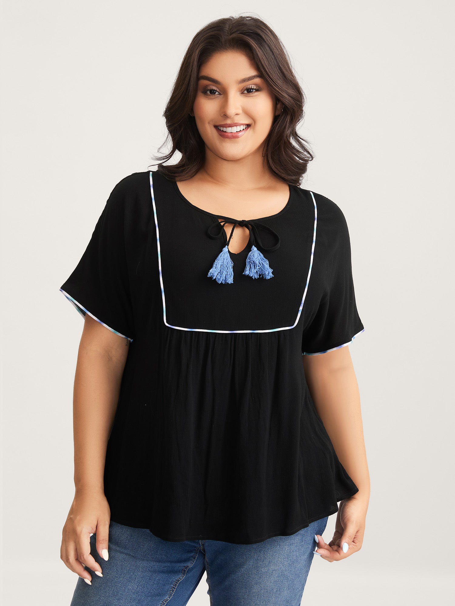 Textured Color Contrast Tassels Blouse