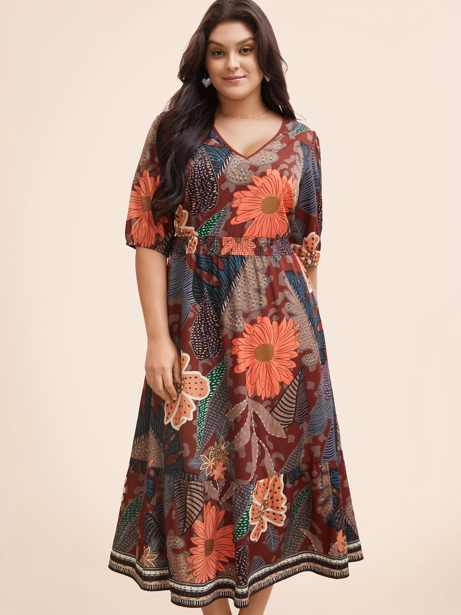 Floral Shirred Lantern Sleeve Midi Dress