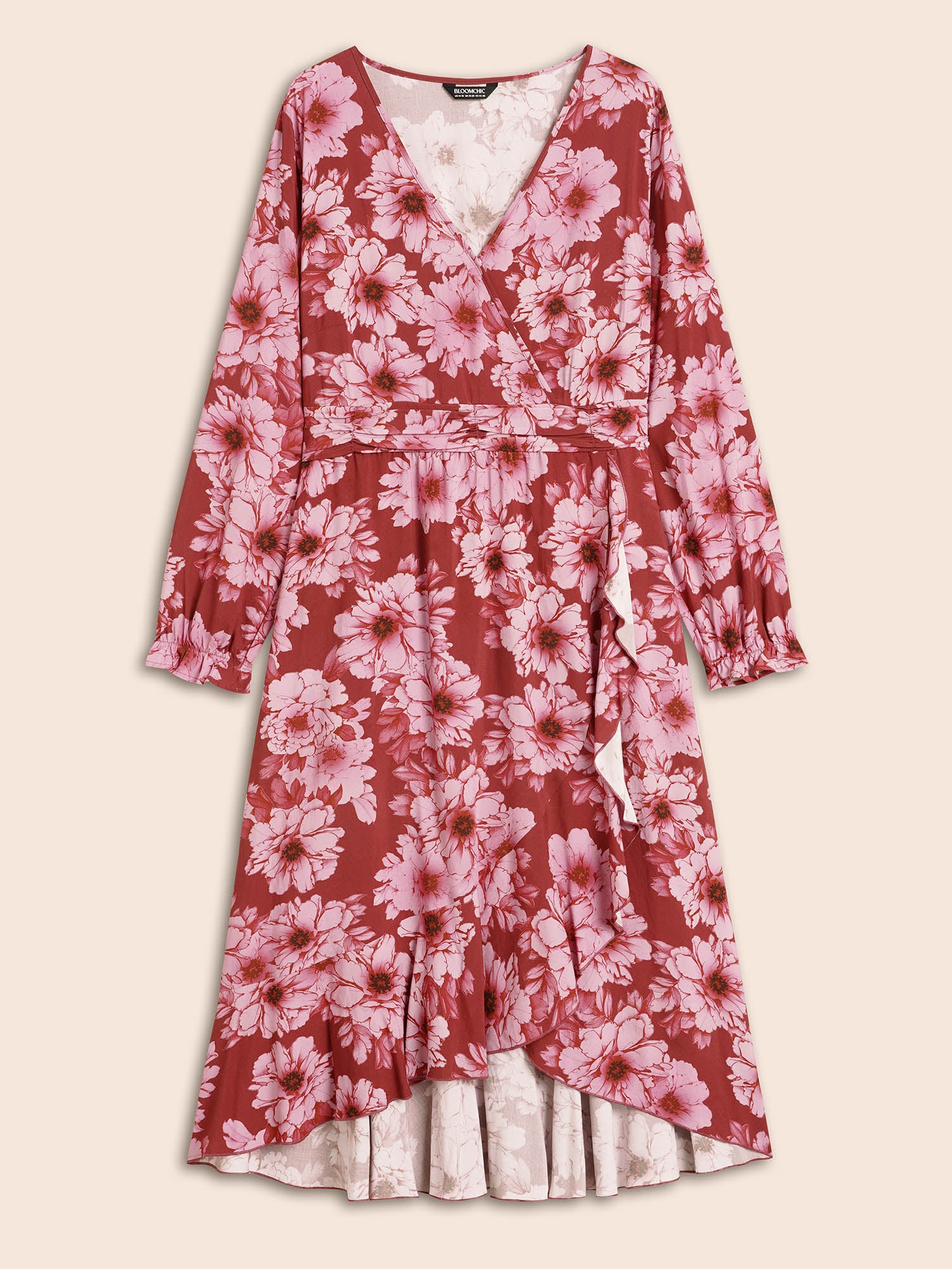 Floral Overlap Collar Ruffle Trim Dress