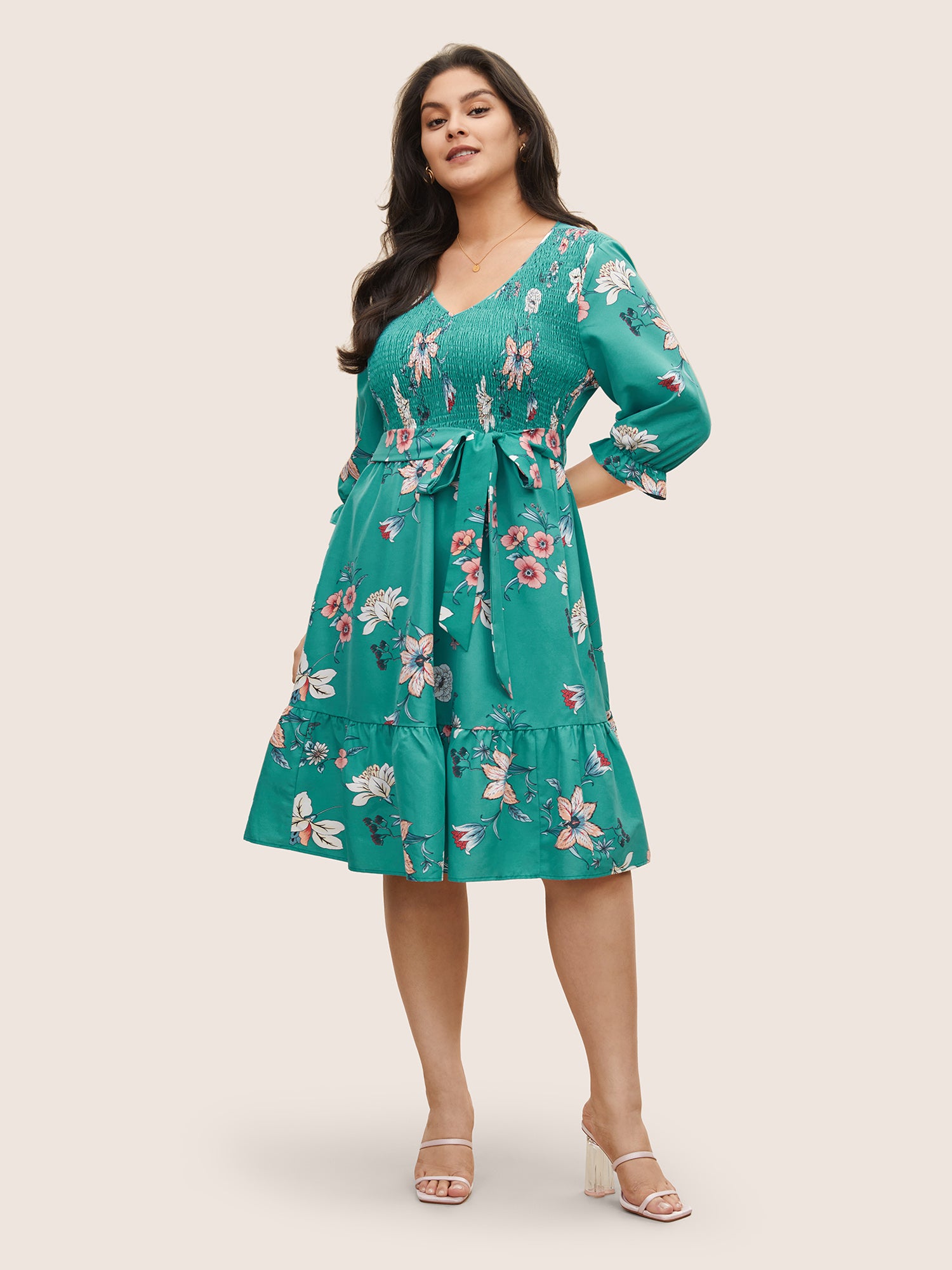 Floral Print Shirred Front Ruffle Sleeve Dress