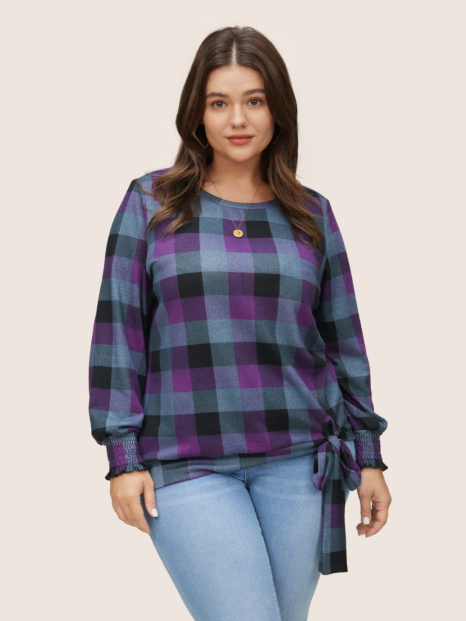 Plaid Shirred Cuffs Bowknot Detail T-shirt