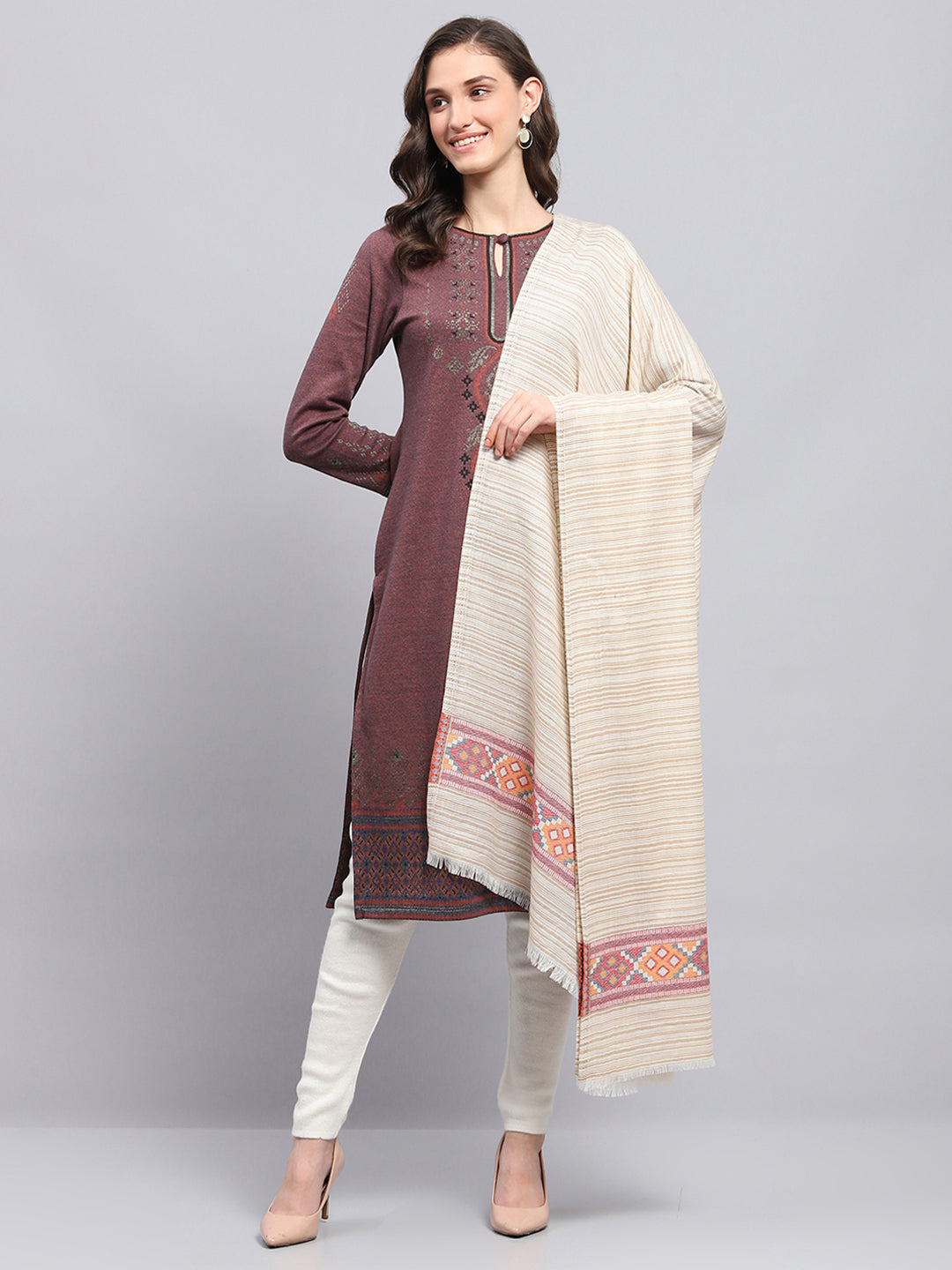 Women Beige Self Design Shawl