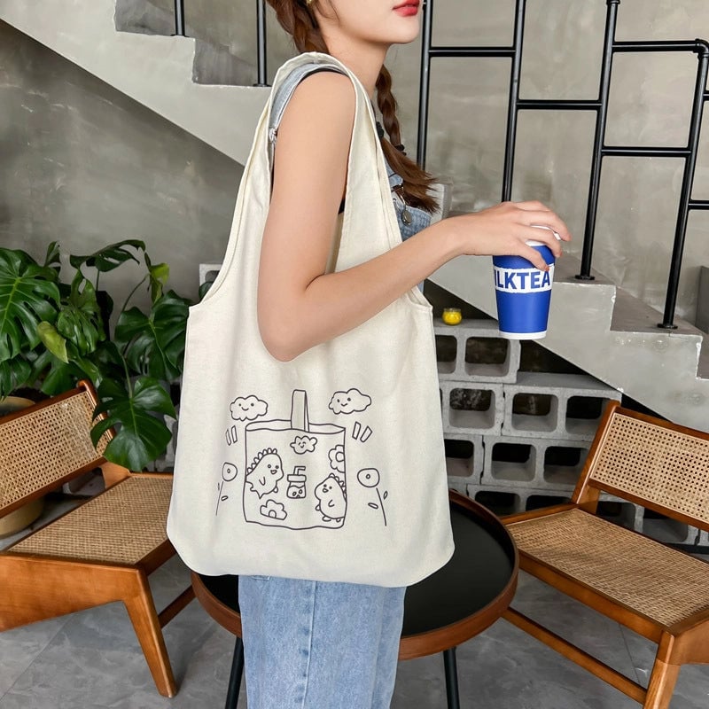 Women's Large Canvas Cartoon Fruit Cute Streetwear Square Open Canvas Bag