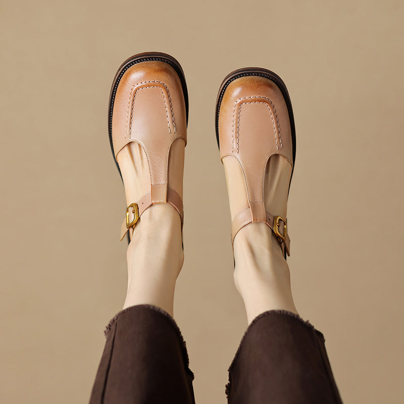 Handmade Leather Square Toe Closed-Toe T-Strap Slingback Sandals for Summer in Beige Apricot/Coconut Brown