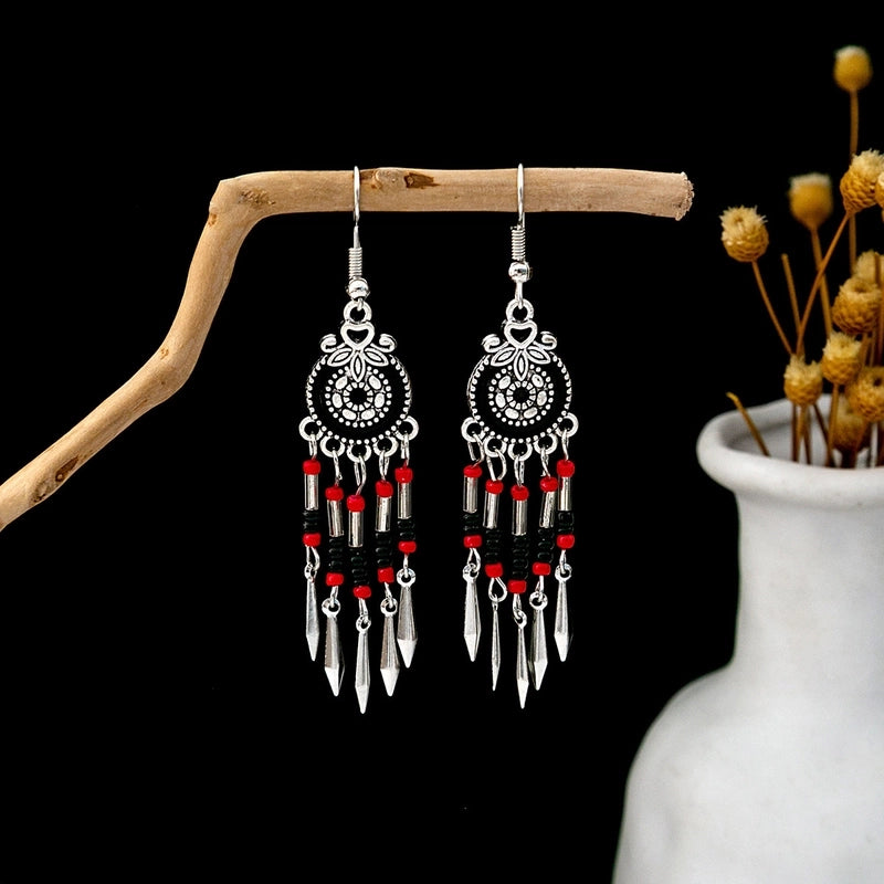 Bohemian Blue Turquoise National Style Earrings Imitation Miao Silver Metal Earrings Vintage Tassel Earrings