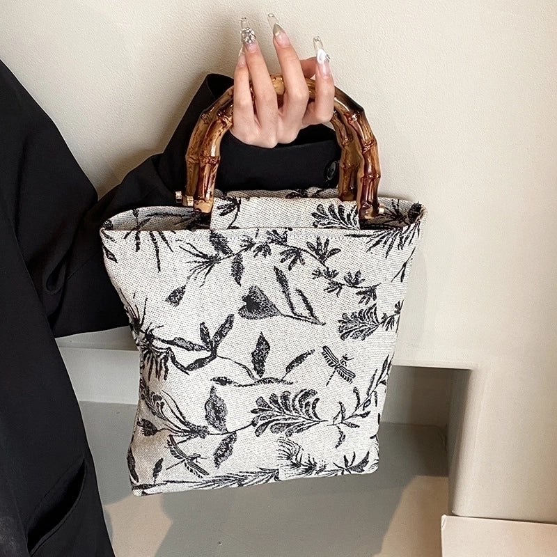 Women's Medium Cotton Leaves Vintage Style Square Magnetic Buckle Handbag