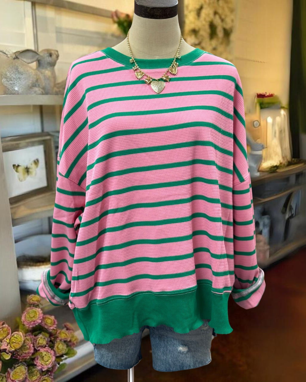 Contrast Stripe Waffle Pullover