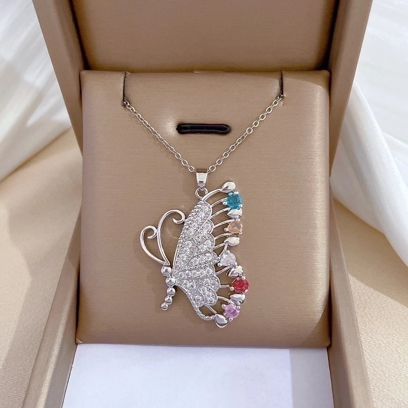 Minimalist Butterfly Titanium Steel Copper Plating Inlay Zircon Pendant Necklace
