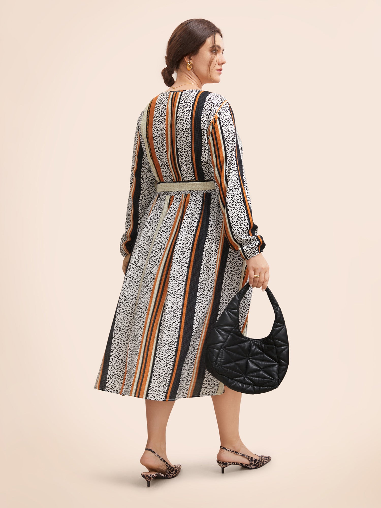 V Neck Leopard Print Patchwork Contrast Dress
