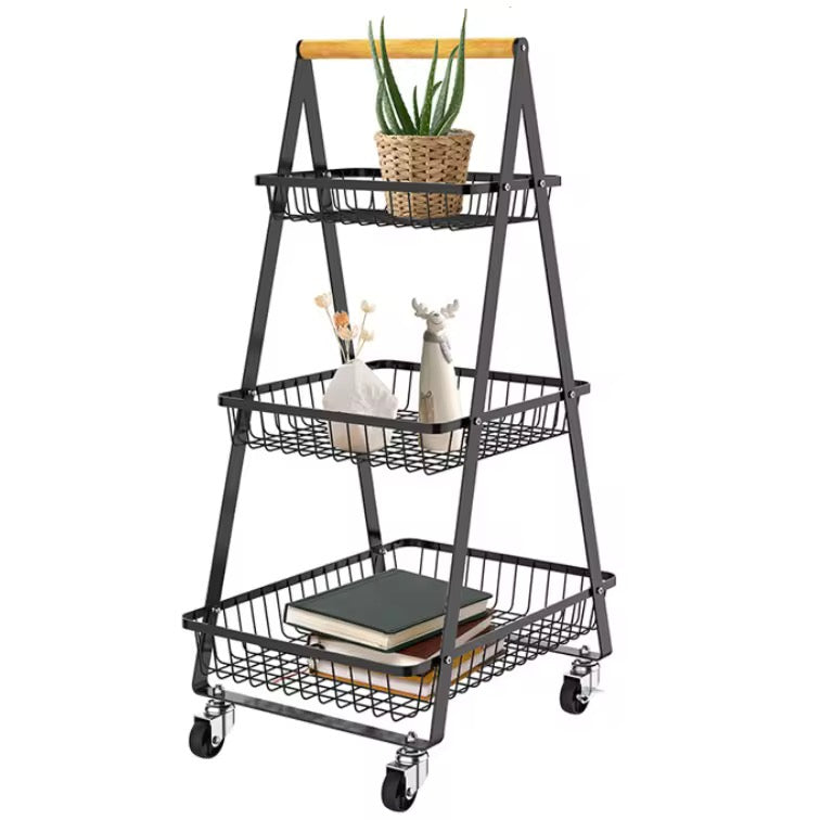 3-Tier Rolling Utility Cart Storage Shelves Multifunction Storage Vegetable Kitchen Trolley Service Cart with Mesh Basket Handles and Wheels Easy Assembly for Bathroom. Kitchen. Office.